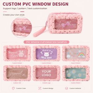 Custom <b>Plush</b> Makeup Bag with Clear PVC Window <b>Large</b> Capacity Cosmetic Pouch Pencil Case OEM ODM Factory Supplier - Product Image 4