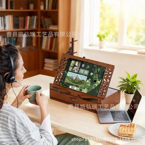 Wooden retro hollow brown reading bookshelf, foldable book and page <b>rack</b> with drawers, <b>glasses</b> and coffee cup storage <b>rack</b> - Product Image 3