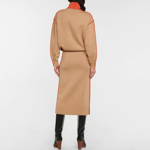 Nouveauté OEM mode pour femmes ensemble de pulls en coton à manches longues et col haut tendance ensemble de 2 pièces à tricoter ensemble décontracté et élégant haut et jupe pull - Product Image 3