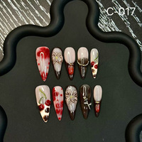 Ongles longs à talon aiguille faits main, noirs cerise, avec art 3D cerise et floral, style gothique Coquette sombre, ongles de luxe en gros