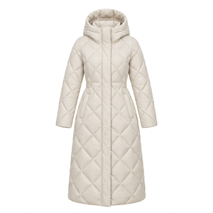 Abrigo largo acolchado de lujo para mujer, color marfil, con capucha, aislante, para invierno, proveedor de prendas de abrigo de lujo - Product Image 1