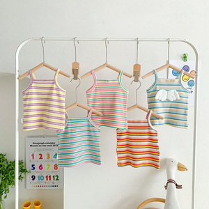 Camisetas sin mangas de algodón para niñas de menos de 4 años, <span class=keywords><strong>chaleco</strong></span> camisero fino a rayas de arcoíris de verano con flores y fresas - Product Image 3