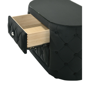 Oval Nightstand Plush Tufted Upholstery 8mm Tempered Glass Top Two <b>Storage</b> <b>Drawers</b> Sparkling Knobs - Product Image 2
