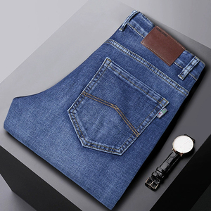 Jean droit taille mi-haute en denim stretch <span class=keywords><strong>bleu</strong></span> délavé vintage pour homme – Idéal pour le bureau et le quotidien - Product Image 1