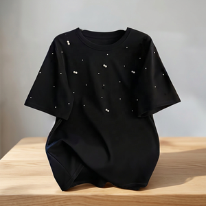 Women's Black Pearl <b>Beaded</b> Short Sleeve T-Shirt Crew Neck Loose Fit Casual Knitted <b>Top</b> All Seasons Wear - Product Image 4