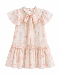 Elegant <b>Blush</b> <b>Pink</b> Floral Girls' Dress with Statement Bow-<b>Tie</b> Collar and Ruffles for Spring - Product Image 4