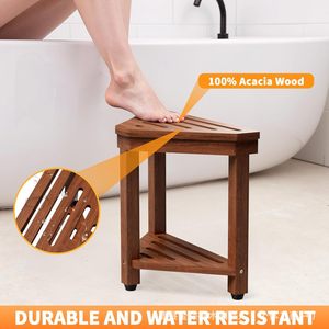 Tabouret de salle de bain en bois de palmier doré, banc de douche triangulaire en bois massif avec étagère pour salles de bain - Product Image 3