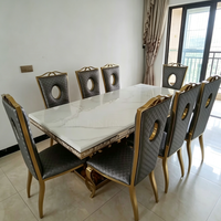 Chaise de salle à manger de luxe en acier inoxydable avec dossier haut, cadre ovale ajouré, en cuir PU, pour la maison, l'hôtel, l'extérieur, les banquets et les mariages