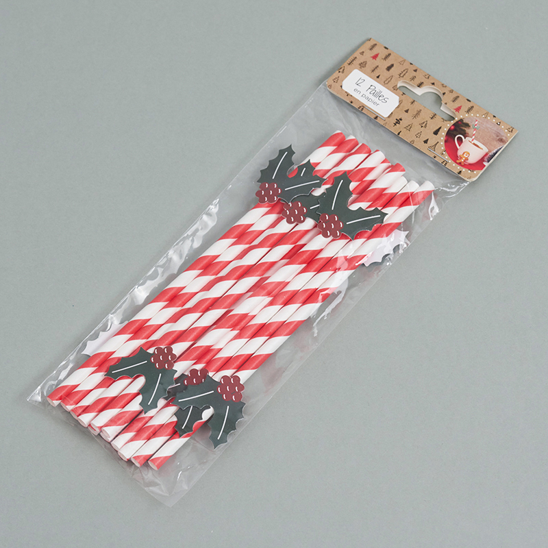 Eco Friendly Christmas Party Straws Biodegradable Paper Straws with Holly Berry Toppers Red White Striped for Festive Beverages
