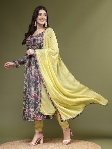 <b>Women</b> Solid Embroidery Mirror Work Anarkali <b>Kurta</b> Pant Chiffon Dupatta Set Poly Crape Summer Ethnic Wear Bulk OEM - Product Image 3