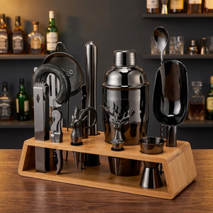 Ensemble d'outils de barman en acier inoxydable plaqué argent/cuivre, best-seller, avec support en bambou écologique Rudra - Product Image 3
