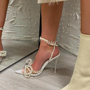 Sandales à talons aiguilles hauts pour femmes, chaussures de fête en cuir avec perles, à nouer aux chevilles, en gelée, escarpins de mariage, vente en gros - Product Image 1