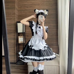 Japanese Style Maid Dress Women Short Sleeve Cosplay Costume Anime Role Play Black White Polyester Dress With Bow Kitten Ears - Product Image 1