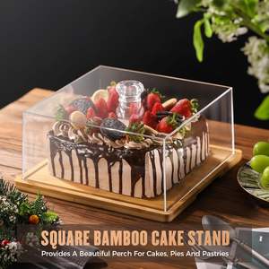 Acrylique Rotatif Carré Gâteau Stand Dôme Bambou <span class=keywords><strong>Fromage</strong></span> Tarte Cupcake Présentoir Spinner <span class=keywords><strong>Plateau</strong></span> De Service Couvercle pour Anniversaire Mariage - Product Image 5