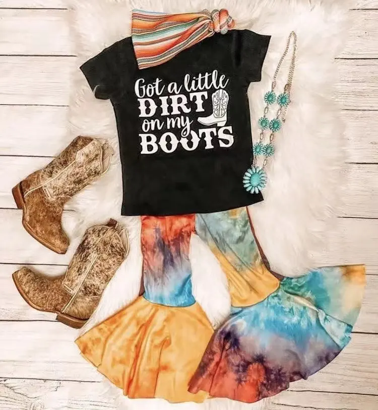 RTS Baby Girls Western Design Got a little dirt on my boot Black Tee shirt top tie dye bell bottom pants boutique outfits