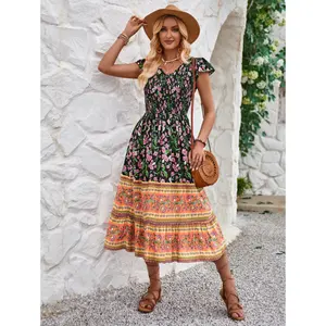 2024 Fashion Custom Round Neck Seaside Holiday Dress Printed Tie Ethnic Print High Waist Casual Ruffles Short Sleeve Dresses