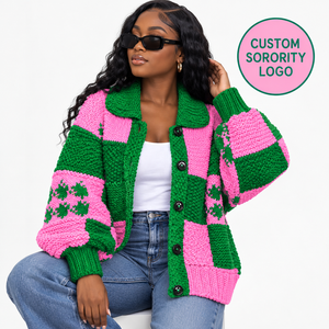 Cardigan universitaire personnalisé Alpha Kappa Sorority brodé au crochet fait main OEM/ODM Vert Rose Nom Grec Personnalisable - Product Image 1