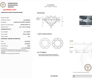 เพชร RJ DIAMOND รับรองโดย IGI น้ำหนัก 2.07 กะรัต ทรงเจียระไนแบบผสม สีเขียวแฟนซี ความสะอาดระดับ VS2 เพชรหลุดจากหลอดทดลอง สีขาว D  แบบเจาะรูด้วยเลเซอร์ - Product Image 2
