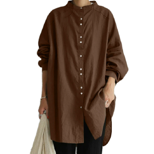 Camicette Casual da <span class=keywords><strong>Donna</strong></span> in Lino e Cotone Tinta Unita, Scollo a V, Bottoni Frontali, Maniche Lunghe, per Ufficio, Primavera <span class=keywords><strong>Autunno</strong></span> - Product Image 1