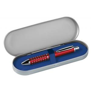 Boîte ovale en métal pour le rangement des stylos avec intérieur bleu et finition argentée - Product Image 1