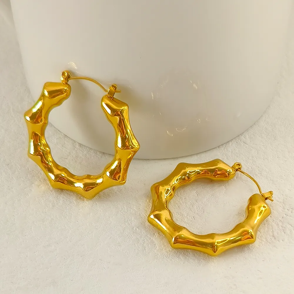 USENSET desain baru asli 18K kuning emas baja nirkarat anting bulat bambu dirancang perhiasan halus 18K anting bulat