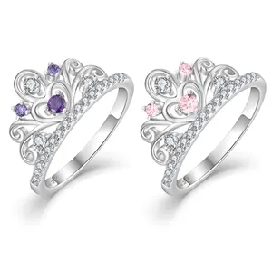 Exquisite Popular Women Jewelry 925 Sterling Silver Rhinestone Heart Princess Crown Ring