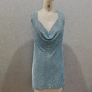 2024パーティー用ゴージャスなカウルネックアルミクリスタルラインストーンメッシュイブニングドレス