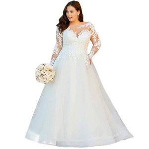 V-Neck Plus Size A-Line Wedding Dress White Long Sleeve Lace Trim Fit For Outdoor Church Wedding - Product Image 5