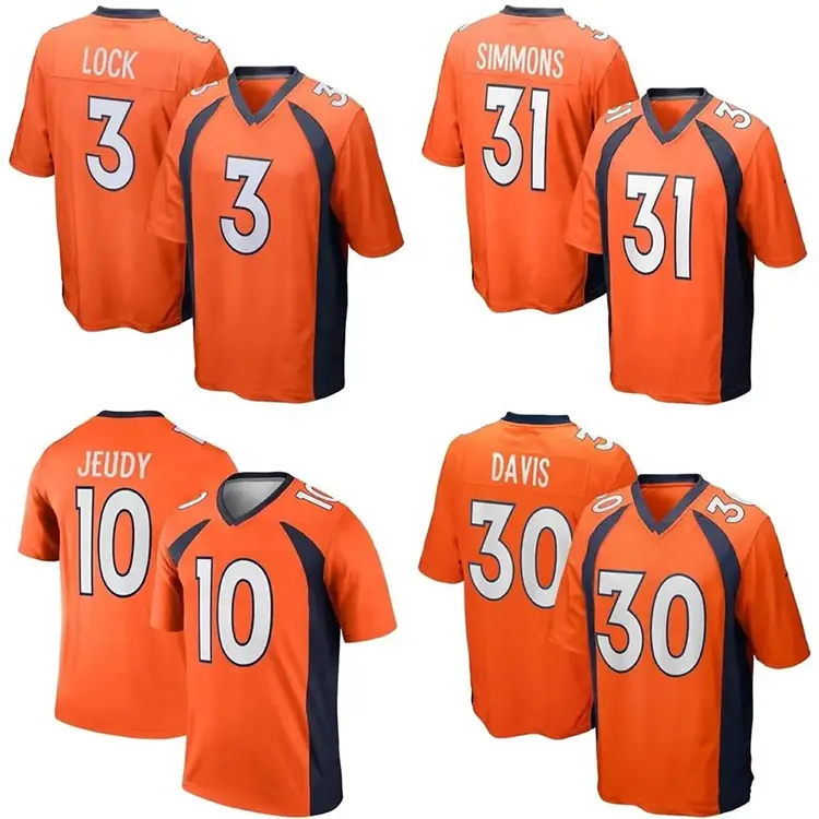 Vente en gros Denver City Maillot de football américain cousu Uniforme respirant de football orange pour homme 3 Wilson 31 Simmons