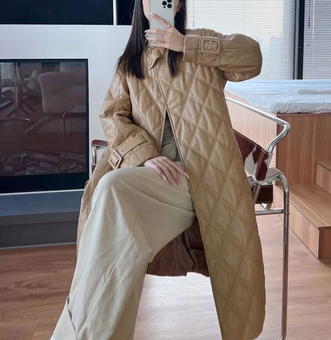 3706 Latest Design Woman Goose Down Coats  Women Fashion Solid Color Round Neck Long Genuine Leather Coat