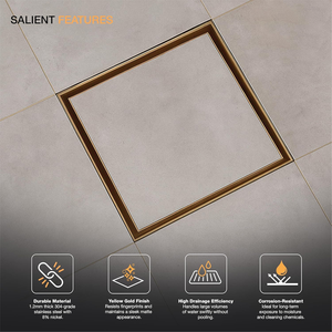 Siphon <span class=keywords><strong>de</strong></span> douche carré moderne en or brossé <span class=keywords><strong>de</strong></span> 6 pouces avec adaptateur <span class=keywords><strong>de</strong></span> sortie horizontale, en acier inoxydable 304, <span class=keywords><strong>pour</strong></span> insertion <span class=keywords><strong>de</strong></span> carrelage - Product Image 3