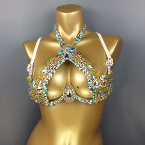 Sujetador de alambre con incrustaciones de cristal brillante para disfraz de Carnaval para mujer, ropa de Samba, sujetador x-top para danza del vientre, fiesta, Rave, club nocturno, nuevo