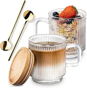 Glass Coffee Mugs Clear Coffee Mug Set of 2 11oz Glass Coffee Cups with Lids and Spoon Glassware Set