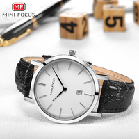 Montre à quartz habillée MINI FOCUS MF0108G pour homme, bracelet en cuir véritable noir, affichage du calendrier, minimaliste, style occidental, montre pour homme