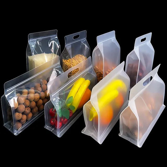 Saco de plástico transparente fosco brilhante para embalagem de alimentos, saco de fundo plano com alça para doces e nozes, saco com fecho ziplock