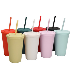Double Walled Frosted Straw Cup With Matte Lid And Straw For Travel Solid Color Design - Product Image 3