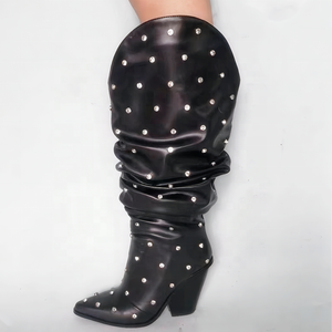 Botas Vaqueras Largas para Mujer, con Tacón de Cuña, Remaches de Diamantes, Parte Superior Plisada Informal, Estilo Vaquero - Product Image 3