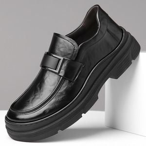 Mocasines de cuero negro para hombre, con punta redonda, sin cordones, suela gruesa de goma, para todas las estaciones, informales, de negocios. - Product Image 1