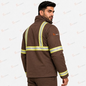 Tiierwear <b>Men's</b> Brown Work <b>Jacket</b> with <b>Reflective</b> Strips Stand Collar Zipper Pockets Windproof for <b>men</b> - Product Image 5