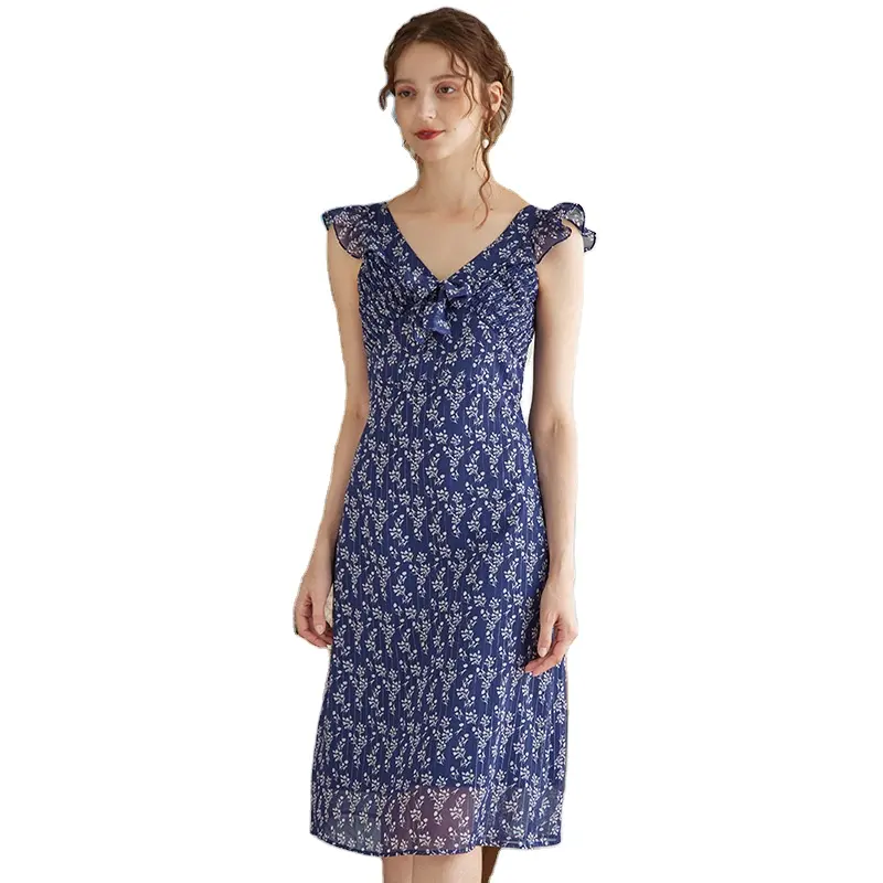 New Summer Large Women's High End Customized Digital Print Elegant Dress Lotus V-neck Dark Blue Floral Sleeveless Dress