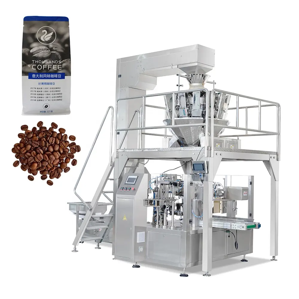 कॉफी बीन्स खाद्य पैकिंग मशीन के लिए गर्म बिक्री स्वचालित रोटरी प्रीमेड बैग स्टैंड अप पाउच डॉयपैक भरने और पैकिंग मशीन