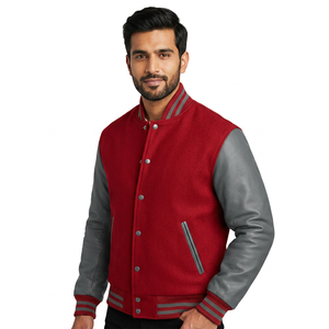 Red Color Wool With <b>Grey</b> Leather Sleeve Button Decoration Men's Clothing <b>Jackets</b> OEM Custom - Product Image 1