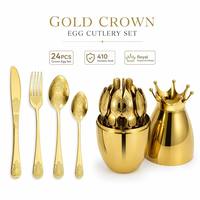 Ensemble de couverts en acier inoxydable doré, 24 pièces, finition miroir, design gravé royal, coffret cadeau de mariage