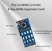 Carte adaptateur PCIe 4.0 PEX88048 à 8 baies pour SSD M.2 NVMe, double face, extension 2280/22110, refroidisseur actif, alimentation 6 broches, moulage privé