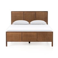 Lit plateforme moderne en rotin de luxe léger, cadre de lit en bois avec panneaux en cannage, mobilier de chambre à coucher, lit double en bois massif durable
