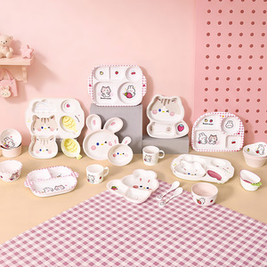 Set di Stoviglie per Bambini Hills in Melamina di Grado Alimentare, Piatto Diviso con Motivi di Gatti e Conigli, Ciotola per lo Svezzamento - Product Image 2