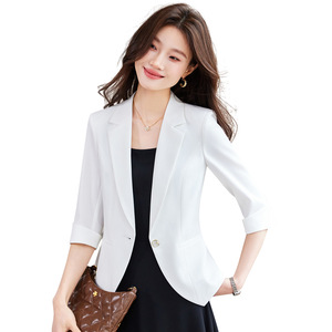 Women's Mid Sleeve Blazer Black Slim Fit Solid Color Casual Short Jacket For Office Work Wear - Product Image 5