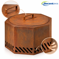 Perapian Besi Heksagonal Corten Steel dengan Tutup Bundar Pipih, Lubang Ventilasi, untuk Teras dan Taman, Pembakaran Kayu