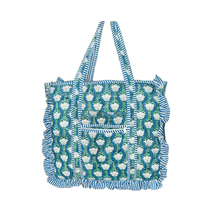 Customized Quilted Cotton Vintage Floral Quilted Large Ruffle Tote <strong>Bag</strong> Handprinted <strong>Boho</strong> Shopping <strong>Bag</strong> for Women - Product Image 6