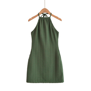 Vestido Mini Ajustado de Punto Verde Oliva con Cuello Halter y Cintura Imperio, Sin Mangas, Liso, Sexy, Transpirable, Casual, para Fiesta de Verano - Product Image 5
